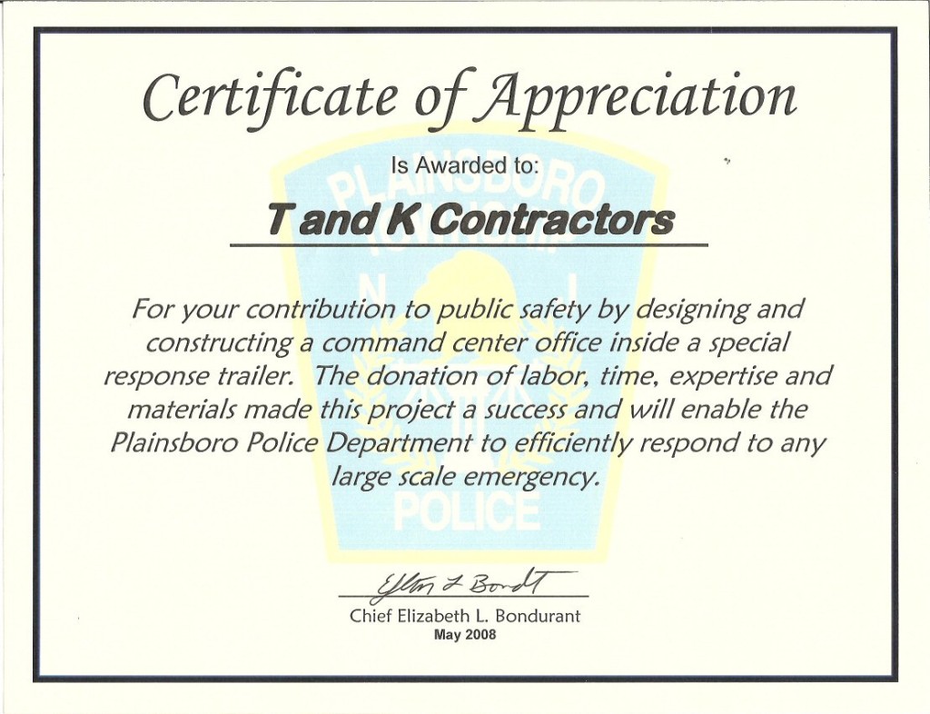 Certificate of Appreciation - T&K Contractors